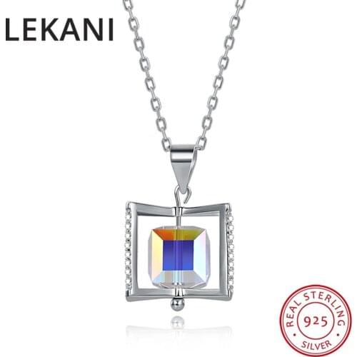 LEKANI New Design Crystals From SWAROVSKI Rotating Cube Pendants Necklaces Magic Necklace For Women Real 925 Silver Fine Jewelry