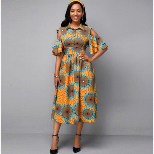 Womens Lapel Ruffle Sleeve Printed Off-the-shoulder Hollow Outfit Dress Turn-down Collar Temperament Commute Clothing Women