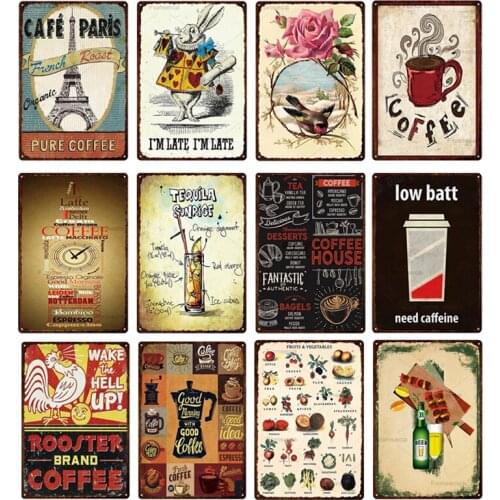 Coffee Rooster Tin Sign Vintage Crafts Plate Painting Decorative Plaques Bar Pub Cafe Wall Tin Sign Decor Vintage Metal Posters