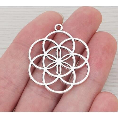 10 x Silver Color Flower of Life Circle Charms Pendants Beads Double Sided for Jewelry Making Findings 37x31mm