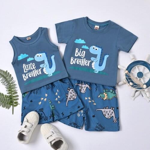 2 Pcs Baby Boy Casual Outfits, Dinosaur & Letter Print Round Neck T-shirt / Tank Top + Shorts with Pockets 1-5T 2021