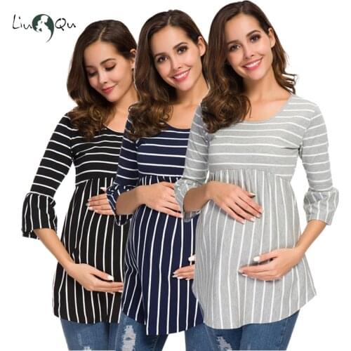 Pack of 3pcs 3/4 Bell-Sleeve Maternity T-Shirt Womens Clothing Striped Peplum Casual Loose Maternity Clothes Pregnancy Shirt