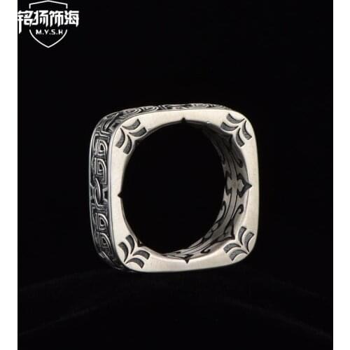 925 Sterling Silver Ring mens Retro square Pangu mens personality domineering ring accessories around the game of power