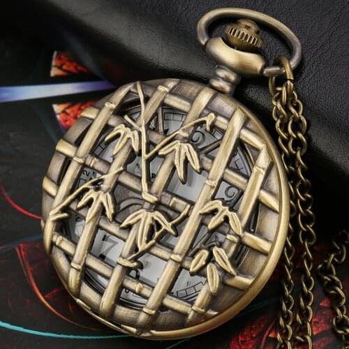 Bronze Hollow Bamboo Quartz Pocket Watch Retro Necklace Sweater Chain Round Dial Pendant FOB Chain Pocket Watch for Men Women