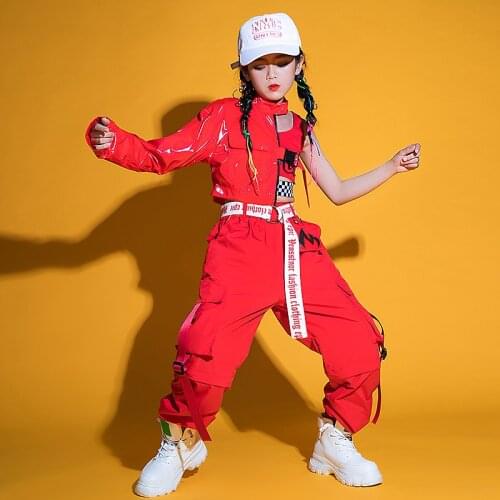 Kids Hip Hop Clothing Red Single-sleeved Tops Vest Casual Pants Jazz Street Dance Costume Performance Hip Hop Clothes For Girls