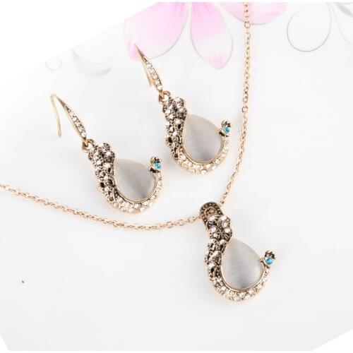 Elegant Vintage Women Peacock Water drop Rhinestone Opal Pendant Necklace Hook Earrings Crystal Jewelry Set Wedding Jewlery