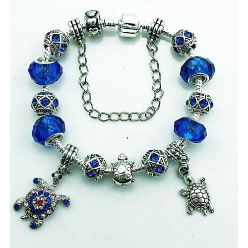 JINGLANG Fashion Female Silver Plated Blue Rhinestone Beaded Infinity Chain Tortoise Charm Cuff Bracelets For Women DIY Jewelry