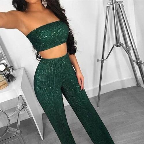 Tobinoone Two Piece Set Sequin 2 piece Lace Up Crop Top And Pants Sets Strapless Strap Zipper Tractsuit Sexy Party Women Set