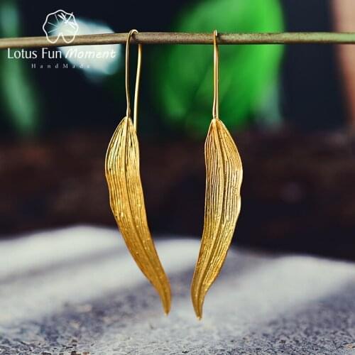 Lotus Fun Moment Real 925 Sterling Silver Natural Original Fashion Jewelry Vintage Long Leaves Drop Earrings for Women Brincos