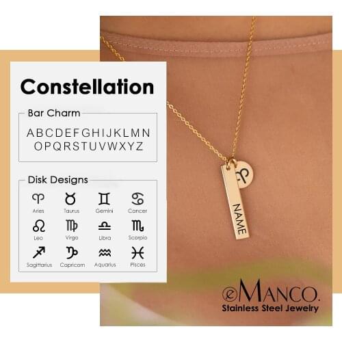 EManco Engraving Minimalist Square Bar Custom Name Necklace Stainless Steel Constellation Leo Pendant Necklace Women/Men Gifts