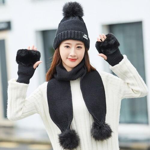 Fashion Female Hat Scarf Gloves Set Cold Winter Warm Wool Ski Cap Women Faux Fur Big Pom Poms Knitted Hat Cycling Knit Beanies