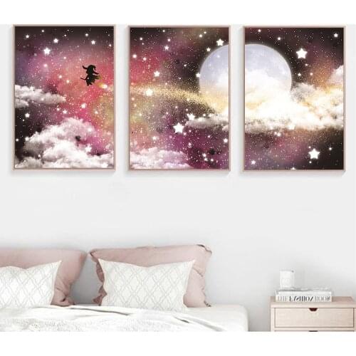 Cartoon Abstract Night Scene Painting Couple Sky Lanterns Round Bright Moon Romantic Customized Modern Canvas Printing Poster
