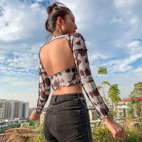 Autumn Top Women Casual Sexy Backless Cross Long Sleeve Cotton Tops Shirt tee shirt femme Crop Tops Ladies Club Streewear