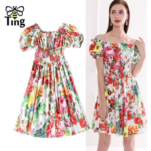 Tingfly Designer Flower Button Decor Slash Neck Summer Dress Women Street Casual Elastic High Waist Mini Short Frocks For Lady