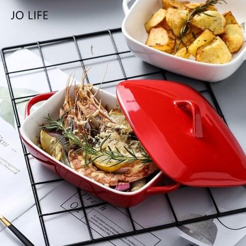 JO LIFE Rectangular 8 Inch Ceramic Baking Oven Dish Household Dual Handle Cheese Baking Tray Pasta Rice Plate with Lid