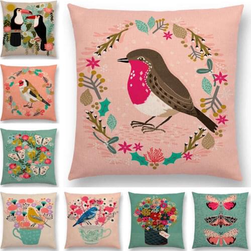 Birds and Flowers Teacup European Goldfinch Robins Swans Flamingos Lepidoptera Cactus Cushion Cover Decor Sofa Throw Pillow Case