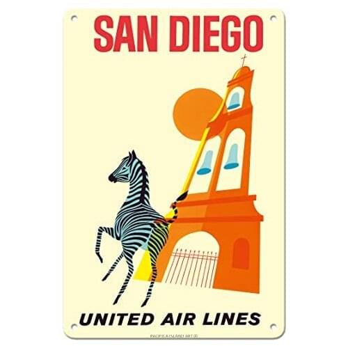San Diego, California - Zebra - San Diego Zoo - Balboa Park - United Air Lines - Airlinec.1965 Metal Tin Sign