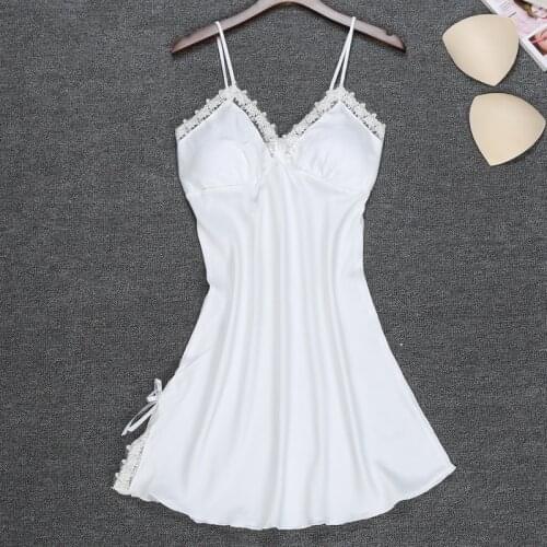 Sexy Lace Nightdress Sleepwear Nightgown Faux Silk V-neck Bathrobe Sleepwear Robe Nightwear Sleeveless Women with Breast Pad