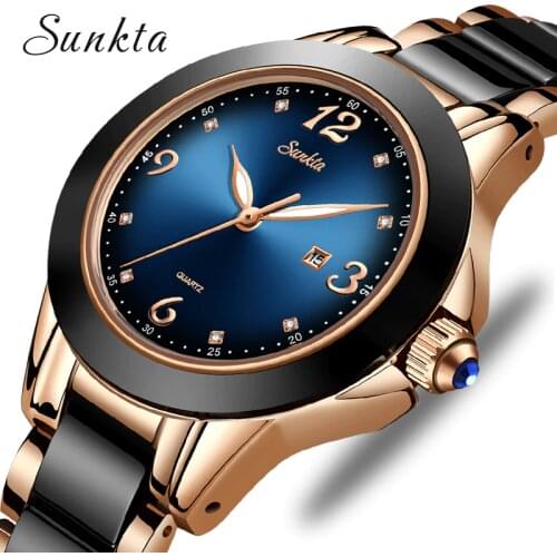 SUNKTA Fashion Women Watches Ladies Top Brand Luxury Ceramic Rhinestone Sport Quartz Watch Women Blue Waterproof Bracelet Watch