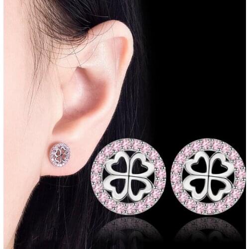 MEEKCAT 925 Sterling Silver New Woman Fine Jewelry High Quality Pink Crystal Zircon Four Leaf Clover Hollow Stud Earrings