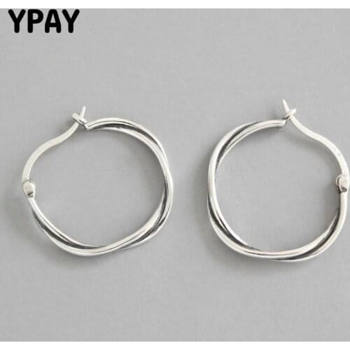 YPAY Real 925 Sterling Silver Double Line Twist Circle Hoop Earrings for Women Korean Style Vintage Fine Party Jewelry YME427