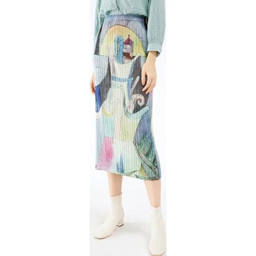 Miyake pleated woman skirt summer 2021 new niche print French base skirt design slimming mid length skirt for woman