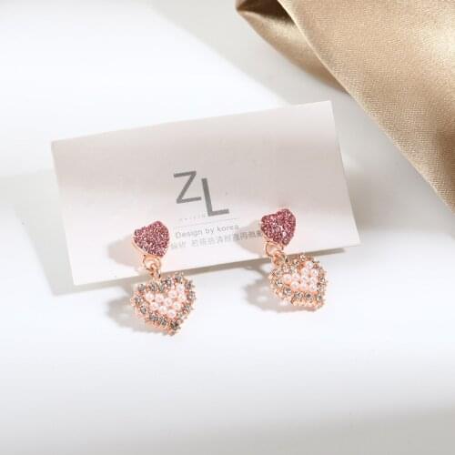 2021 Fashion Korean Version Of The New Earrings Girl Heart Wild Super Fairy Love Peach Heart Pearl Crystal Pink Net Red Earrings