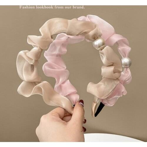 Women Pearl hairbands pure color fine hair bundle pleated headbands