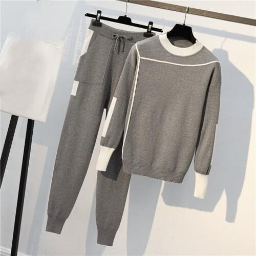 Womens wool Knitted suit soft warm Winter knitting trackSuit pullover sweater & pant 2 piece suit