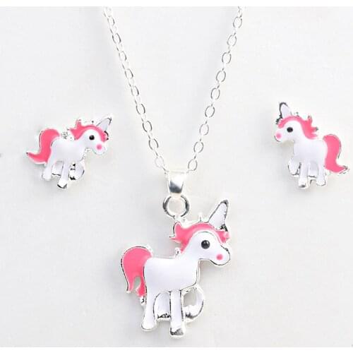 New Arrival Hot Sale Unicorn Necklace Earring Animal Jewelry Sets Cartoon Horse Jewellery Set For Girls