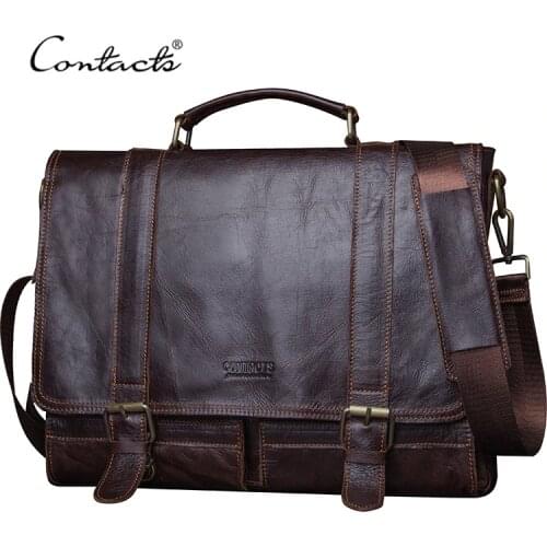 CONTACTS 2021 Men Retro Briefcase Business Shoulder Bag Leather Handbag Bag Computer Laptop Messenger Bags Mens Travel Bags