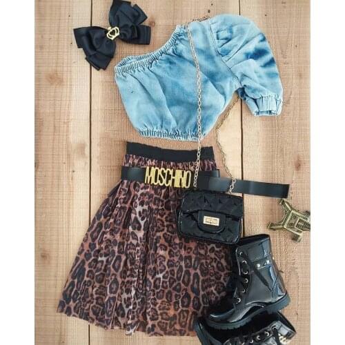 Baby One Shoulder Top + Skirts Leopard Print Fold Decoration Elastic Waist Summer Clothing