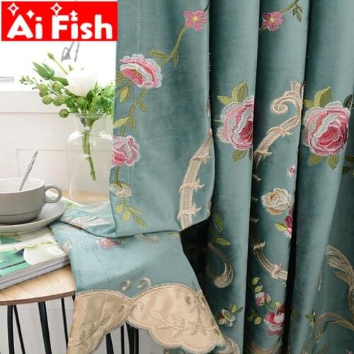 European Luxury High Shading Velvet Curtains For Living Room Blue Flowers Drapes Window Panel Fabric Curtain For Bedroom wp424#5