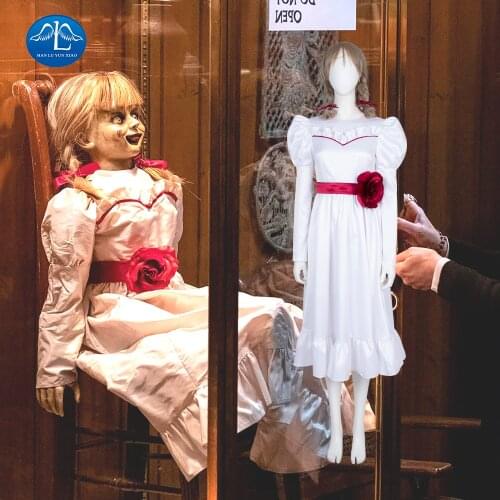 Horror Movie Annabelle Cosplay Halloween White Dress Long Sleeve Long Dress for Girls Women Adult Kids Costumes Fancy Dress