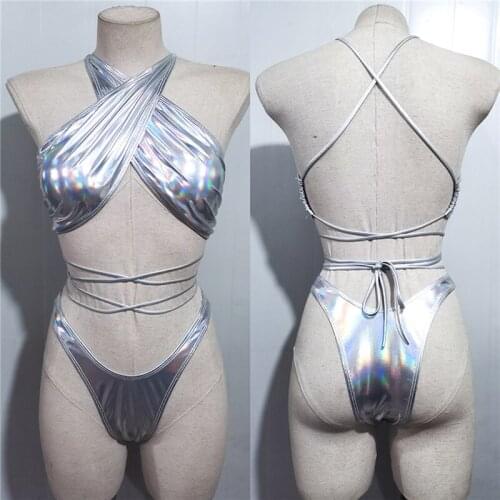 Sexy Strappy Bikini Colorful Two Piece Swimsuit Lace Up High Waist Swimwear Swimsuit For Girls Solid Color Bathing Suit