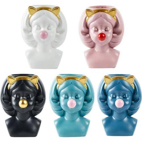 Cute Girl Blowing Bubbles Succulent Planters Vinyl Flower Pot Pen Holder for Home Table Top Decor Office Cafe Shop Ornament