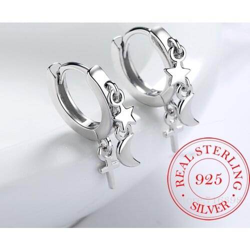 Cute 925 Sterling Silver Small Loops Huggie Hoops Earrings For Women Star Moon Ear Wedding Party Jewelry Kids Girls Aros Aretes