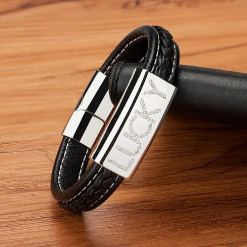 Letter Lucky Stainless Steel Men Bracelet Charm Magnetic Clasp Buckle Cubic Zirconia Genuine Leather Punk Rock Bangles Jewelry