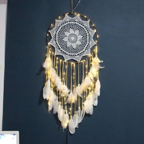 Boho Feather Dream Catcher LED Fairy Lights Nordic Decoration Wall Hanging Ornaments for Girls Bedroom Kids Nursery