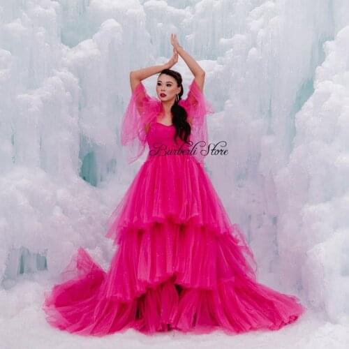Luxury Fuchsia Tulle Tiered A-line Women Party Dresses Pretty Ruffles Half Sleeves Backless Puffy Prom Gowns 2021 Phtot-shoot