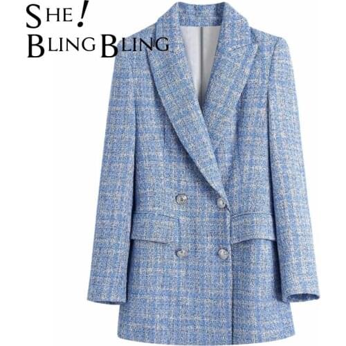 SheBlingBling 2021 Official Suit Sequin Double Row Button V-Neck Jacket Long Sleeve Pocket Blue Women Suits Blazer Urban Outfits