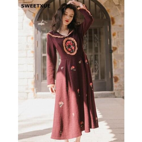 SWEETXUE French Retro Girl Embroidered Knitted High Waist Dress Womens Elegant Long Party Dress Female vestidos