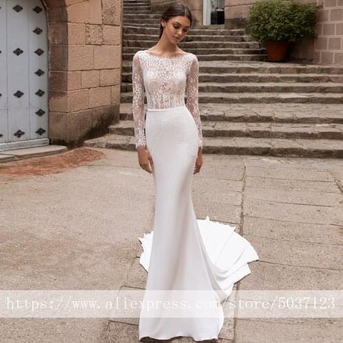 Muslim Long Sleeves Lace Mermaid Wedding Dresses 2021 Scoop Lace Appliques Vestido De Noiva Buttons Backless Bridal Gowns