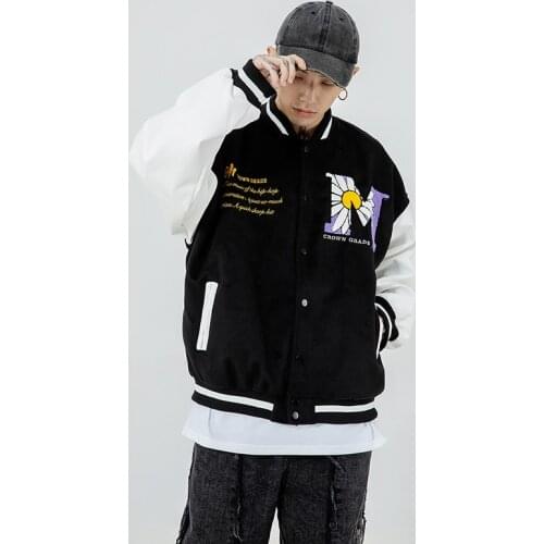 JESSIC Suede Daisy Bee Towel Embroidery Baseball Jacket Autumn Harajuku Casual Streetwear Hip Hop Fashion Loose Jackets Coats