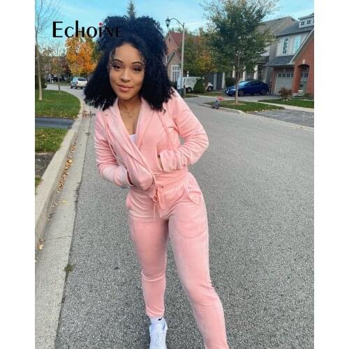 Echoine Women Fleece fabric Set Activewear Hooded Track Jacket Pants Matching Set Sport Tracksuit Fitness 2 Two Piece Set Outfit