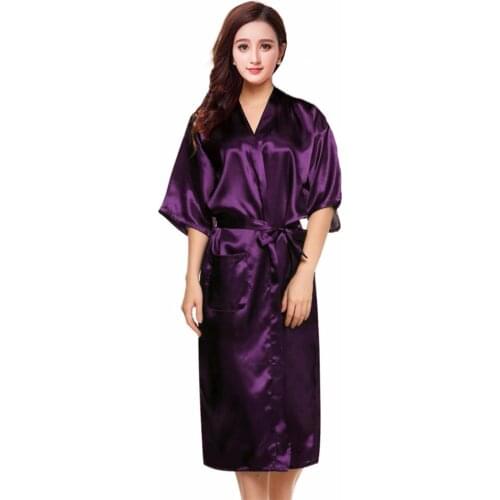PURPLE Womens Robe Hot Sale Faux Silk Kimono Bath Gown Female Sexy Bathrobe Nightgown Mujer Pijama Size S M L XL XXL XXXL Zh02A