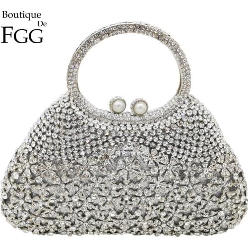 Boutique De FGG Silver Crystal Clutch Bags for Women Formal Party Diamond Minaudiere Evening Clutch Purse Top-Handle Handbasgs