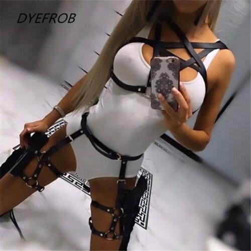 DYEFROB Women Leather Harness Sets Sexy 2pcs Garter Belt Suspenders Sexy Lingerie Leather Bra Harness Garter Belts Stockings