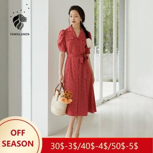 FANSILANEN Office Lady French Retro Floral Red Long Dress Women Summer 2021 New Style Puff Sleeve V-neck Tea Break Dress