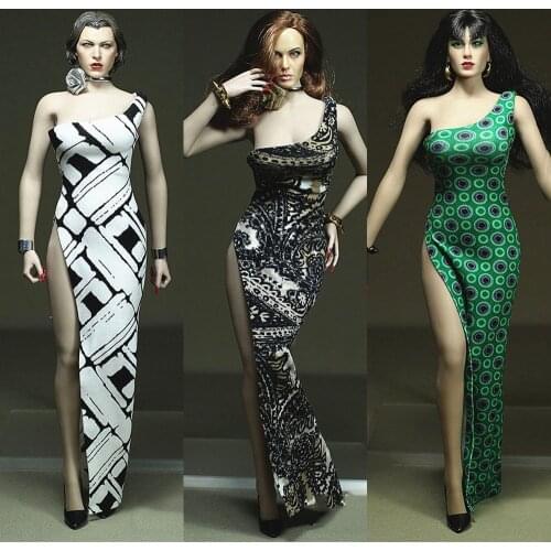 1/ 6 Scale Female One-shoulder High Slit Dress Black and White Print Bare Shoulders For TBL 12inches Action Figure Body Model